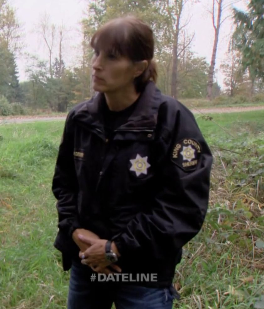 Kathy Decker in her King County Sheriff's Office jacket, filmed on location for Dateline NBC